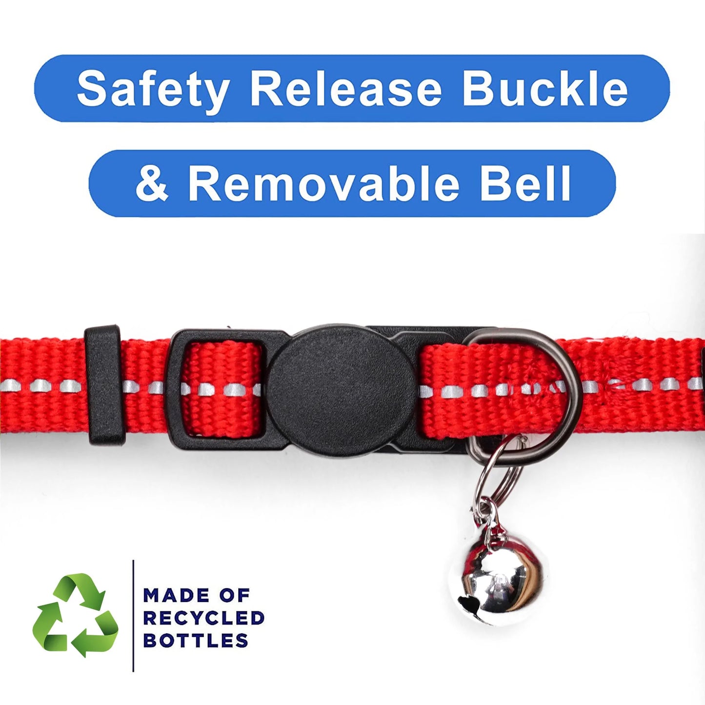 Recycled Cat Collar with Reflective Stitched and Safety Buckle Removable Bell Reflective Cat Breakaway Collar - Red Cat Collar.