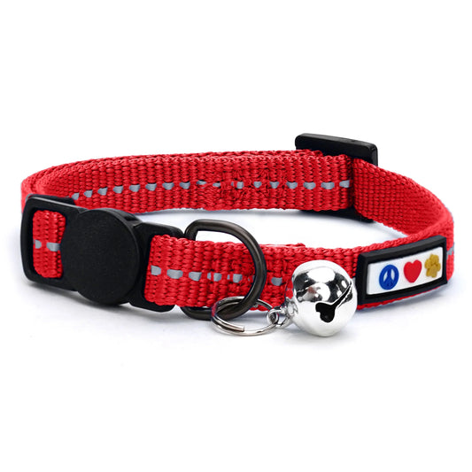 Recycled Cat Collar with Reflective Stitched and Safety Buckle Removable Bell Reflective Cat Breakaway Collar - Red Cat Collar.